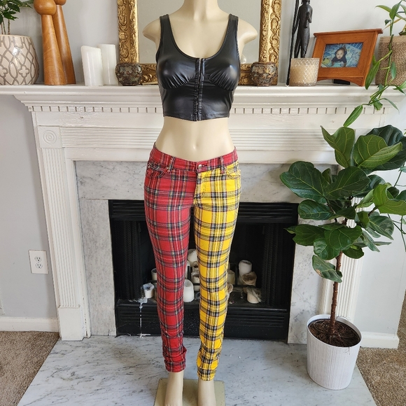 Tripp NYC Red Plaid Jeans Skinny Yellow Color Block Stretch Punk Size 27 - Picture 1 of 12